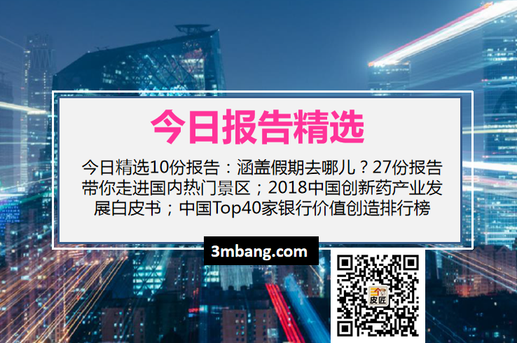 今日精选｜27份报告带你走进国内热门景区；2018中国创新药产业发展白皮书；中国Top40家银行价值创造排行榜（附下载）
